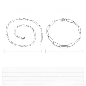 Size specifications for minimalist stainless steel oval link necklace and bracelet set