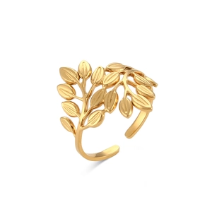Adjustable 18K gold-plated stainless steel ring with a detailed leaf design