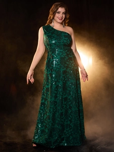 Plus Size Sequin Evening Dress One Shoulder Sleeveless Floor Length Elegant Embroidery Dark Green Formal Maxi Gown
