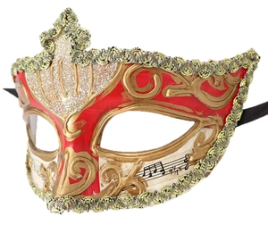 Elegant red and gold Venetian masquerade mask with music note patterns on white background