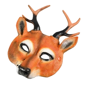 Realistic 3D brown PU foam deer mask with antlers for Halloween parties on white background