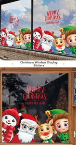 Detail of Christmas window stickers featuring Santa, snowman, reindeer and holiday greetings