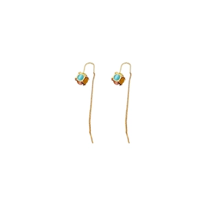 Gold-plated long chain earrings featuring colorful opal-like cubic pendants on white background