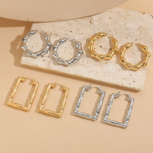Minimalist Stainless Steel Bamboo Texture Hoop Earrings For Women Gold Silver Plated Geometric Hollow Design Fashion Jewelry