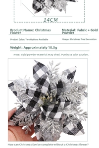 Macro view of 14cm plaid fabric Christmas flower with silver glitter edges for tree decor