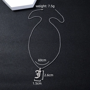 Detailed view of silver J-letter pendant on a 60cm thick chain with dimension specs