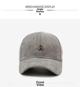 Detailed front view of grey herringbone baseball cap with a metallic gold R logo
