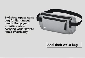 Detail view of the slim RFID-blocking travel waist pouch with multiple zip pockets