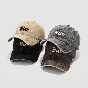 Kids Baseball Cap Washed Cotton Letter Embroidery But Distressed Burrs Hip Hop Style Adjustable Sun Hat For Boys Girls