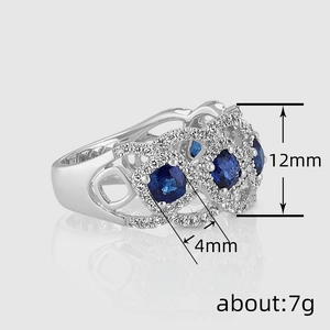 Elegant silver openwork ring featuring three blue sapphires surrounded by zircons