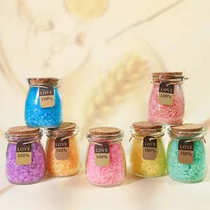 Himalayan mineral sea salt bath soak set in seven colorful glass bottles with cork stoppers