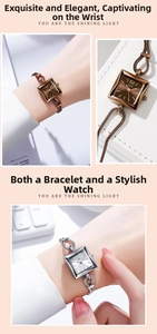 Detail showing elegant square dial watches with woven chain bracelets in rose gold and silver