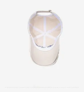 Inside view of beige cotton baseball cap showing 6-panel structure and reinforced seams