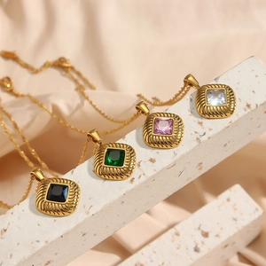 Vintage 316L stainless steel necklace with square colorful zircon and golden twisted frame
