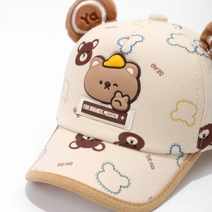 Linda gorra de béisbol de oso beige para niños pequeños con orejas de felpa y pana