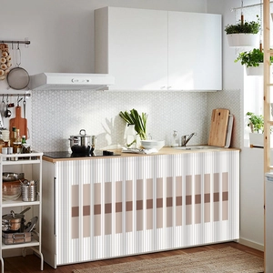 Modern white striped dustproof cabinet curtain with geometric brown pattern for kitchens