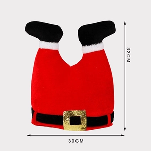 Detailed size view of red elf leg Christmas hat with black boots and golden buckle