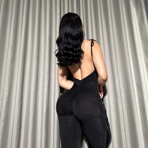 Sexy black backless jumpsuit with scrunch butt detail and glittery fabric for women