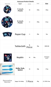 Detailed size specifications table for astronaut themed space party tableware sets