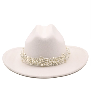 Close-up of white wool fedora hat featuring high-density luxury pearl embellishments