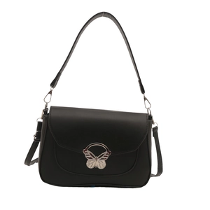Classic black leather shoulder bag with a stylish silver butterfly buckle on white background