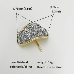 Golden fan-shaped alloy ponytail hair hook with silver rhinestones and crystal inlay