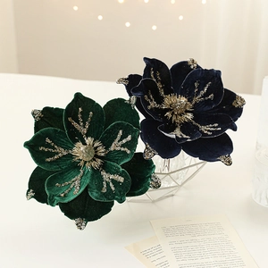 Elegant 24cm flocked velvet Christmas magnolia flower in dark green and navy with gold glitter