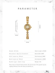 Detailed size specifications and technical parameters for the gold rhinestone quartz watch