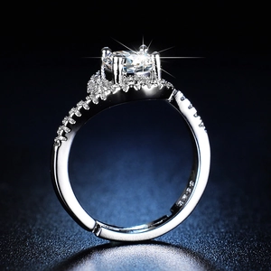 Macro shot showing S925 sterling silver hallmark on adjustable moissanite wedding ring