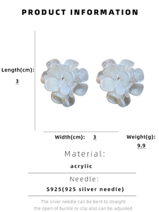 Detail showing white acrylic flower earrings dimensions 3x3cm and S925 silver needle specs