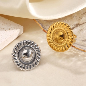 Retro geometric round open rings in gold and silver finish with sunburst relief texture