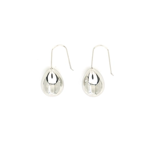 Detailed view of polished silver water drop earrings with reflective mirror finish