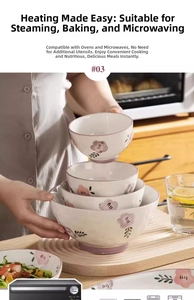 Macro shot of stackable purple floral ceramic bowls with nesting design for compact storage