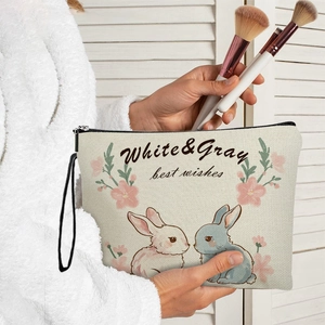Easter Bunny Rabbit Print Makeup Bag Fine Linen Zipper Toiletry Organizer Travel Pouch With Wrist Strap For Women