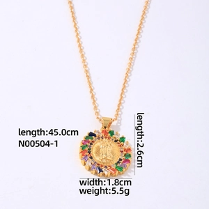 Detail of gold necklace with Virgin Mary pendant and colorful square cubic zirconia