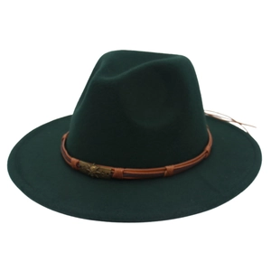 Classic dark green wool felt fedora with pirate sun ornament and rope trim for outdoor style