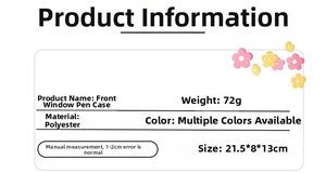 Detailed size specifications for a polyester pencil case with a front window design