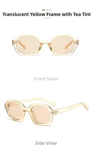 Vertical split view showing oval yellow transparent sunglasses with brown tinted lenses