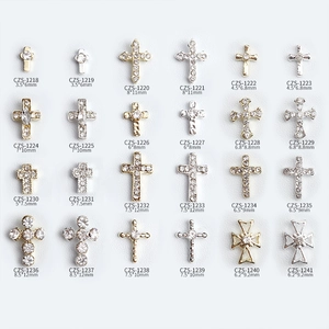 Exquisite gold and silver 3D alloy cross nail art charms with sparkling rhinestones set