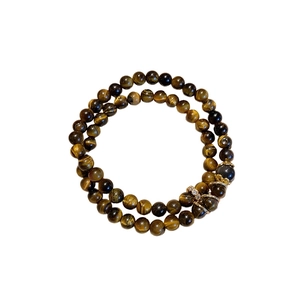 Double-layer natural tiger eye stone bead bracelet with golden silk luster and metal charms