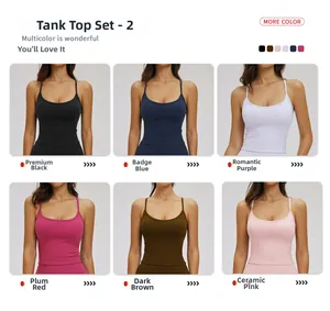 Detail view of women's yoga sets in six colors including deep blue and ceramic pink