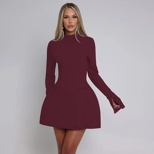 Close-up of wine red long sleeve mini dress featuring a high neck and flared skirt silhouette
