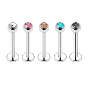 Set of 5 stainless steel labret studs with colorful round gemstones for body piercing