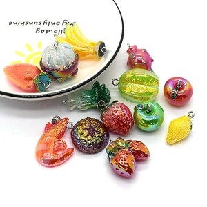 Assorted colorful resin fruit and vegetable charms with iridescent finish and metal loops