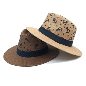 Summer straw fedora hats with anchor print and black ribbon for beach sun protection