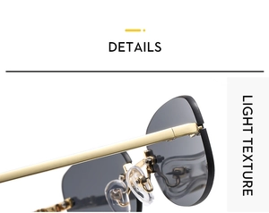 Detailed close-up of golden metal hinges and silicone nose pads on rimless sunglasses