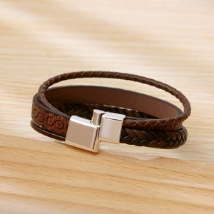 Handmade multi-layer brown braided leather bracelet with square silver alloy buckle