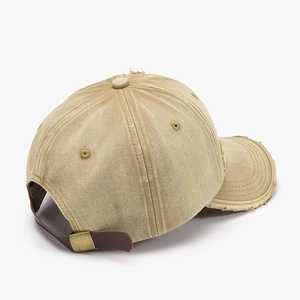 Vintage washed distressed baseball cap in khaki with adjustable leather back strap
