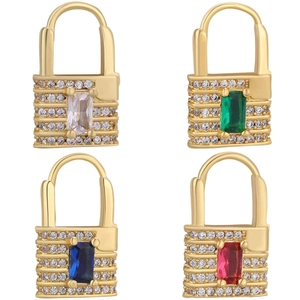 Gold-plated heart lock pendants with micro-paved zircons in red, blue, green, and white