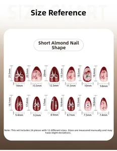 Size chart showing 24pcs short almond shape press-on nails in 12 specific dimensions